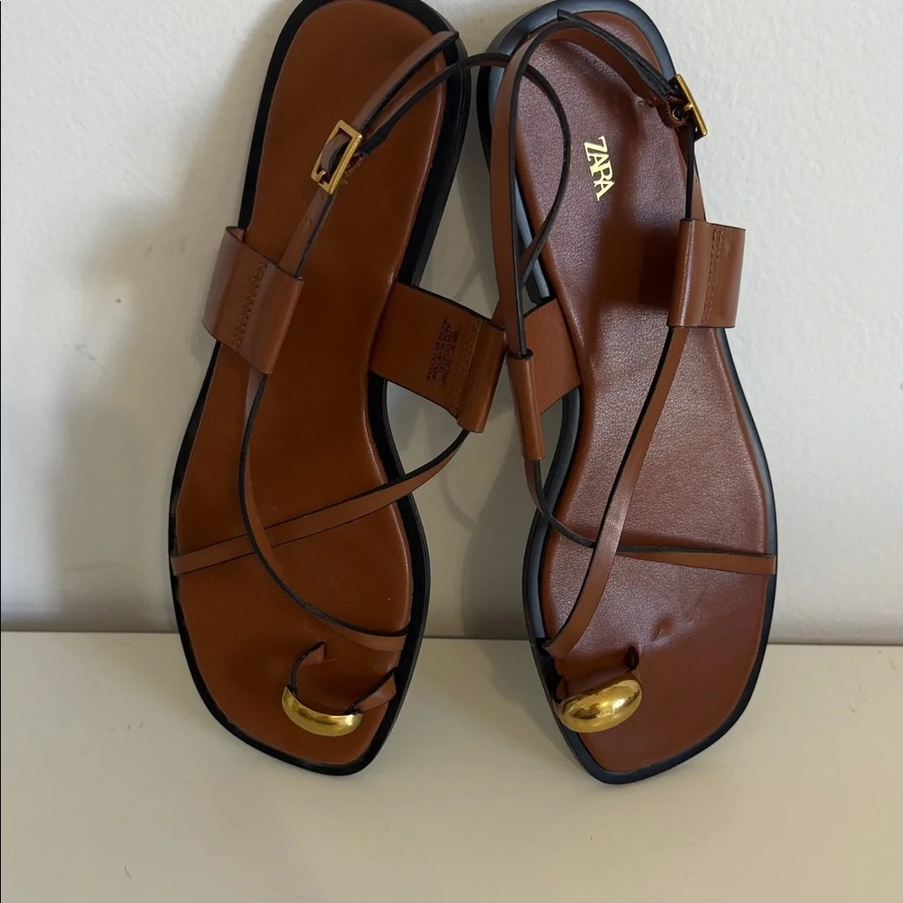 ZARA Flat Strappy Sandals With Metal Size 39 2024 Collection - Picture 5 of 6